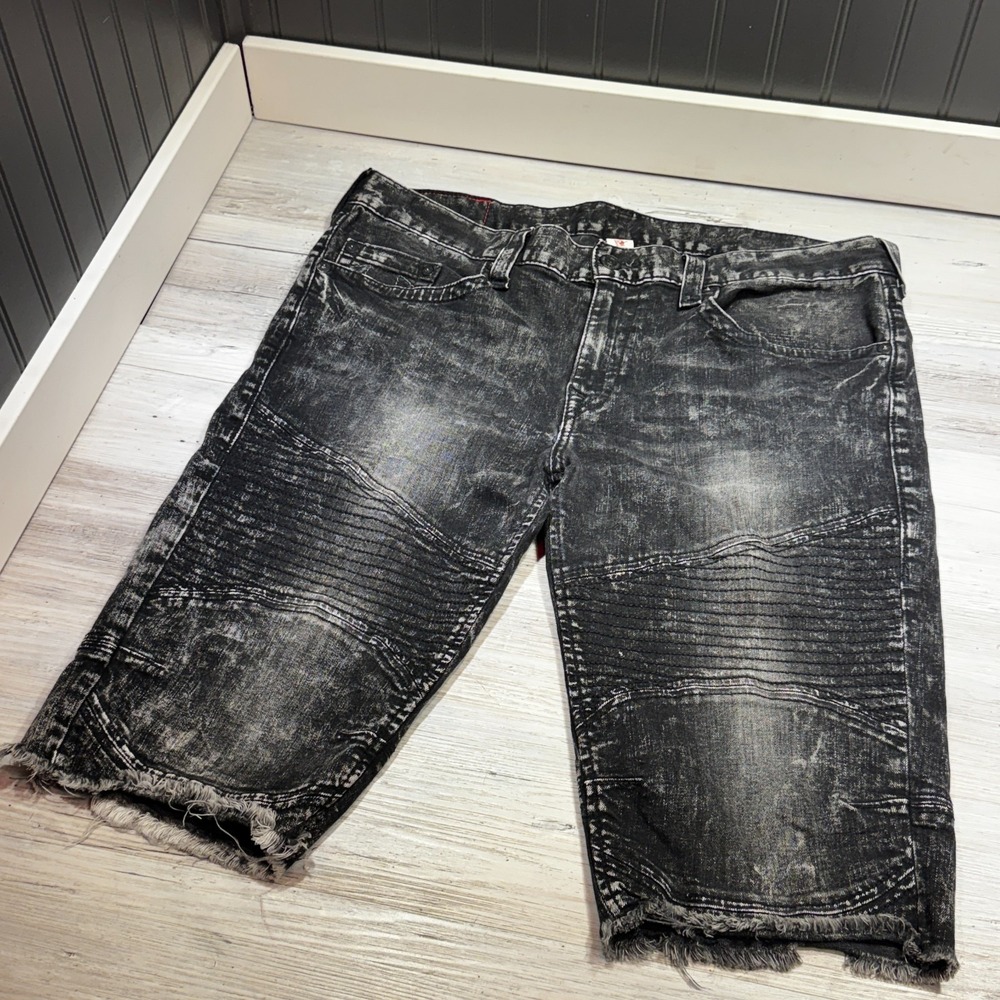 True Religion Shorts Mens 38 Black Jorts Moto Denim Acid Wash Biker Streetwear